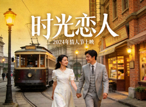 爱情电影《时光恋人》海报，一对情侣在复古街道牵手漫步