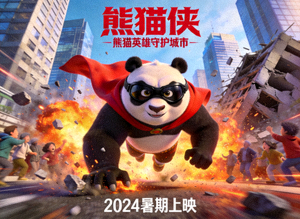 国产动画《熊猫侠》海报，熊猫英雄在城市中拯救世界