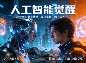 科幻电影《人工智能觉醒》海报，机器人与人类对视场景