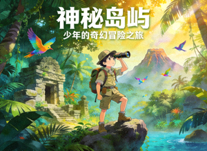 冒险动漫《神秘岛屿》海报，少年探索神秘岛屿的场景