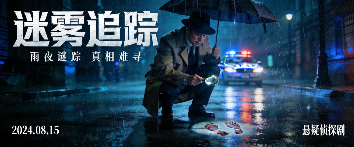 悬疑侦探剧《迷雾追踪》海报，侦探在雨夜中调查案件
